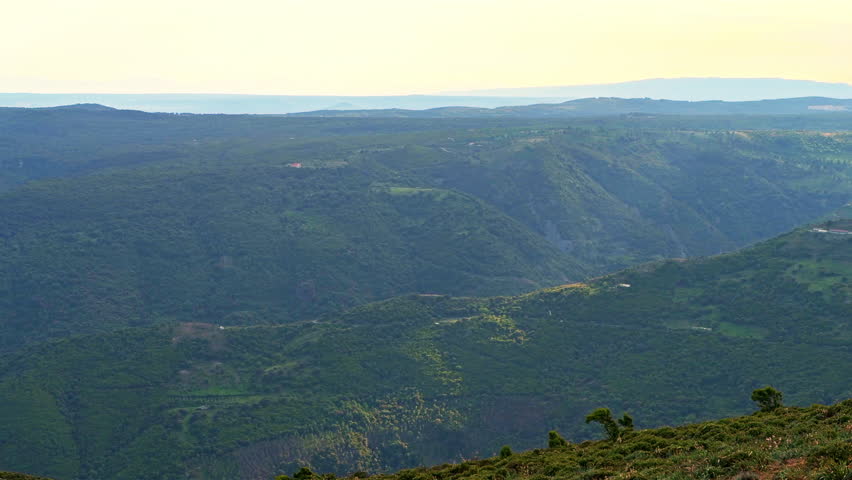 Seulo, Sardinia mountain view on village at sunset dusk in Italy, beautiful scenic landscape in Mediterranean region of longevity blue zone