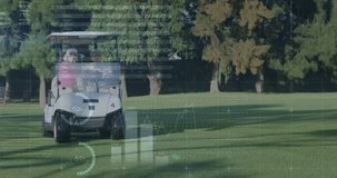 Golf cart on course with data processing animation overlaying landscape. technology, sports, data analysis, graphics, interactive, innovation - Powered by Shutterstock - Get 15% off with code: PIKWIZARD15