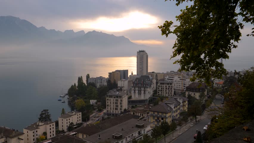 Panoramic aerial view of Montreux, Lake Geneva and the Dents du Midi Alpine massif.
