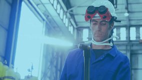 Wearing safety gear, industrial worker with abstract animation overlay in factory. Industry, manufacturing, engineering, technology, innovation, construction - Powered by Shutterstock - Get 15% off with code: PIKWIZARD15