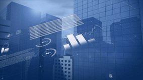 Cityscape background with animation of abstract financial data and pie charts. Finance, analytics, statistics, business, economy, investment - Powered by Shutterstock - Get 15% off with code: PIKWIZARD15