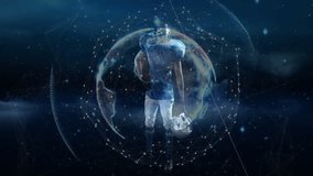 Holding helmet, football player standing with digital globe and network connections. Sports, technology, innovation, connectivity, athlete, cyberspace - Powered by Shutterstock - Get 15% off with code: PIKWIZARD15