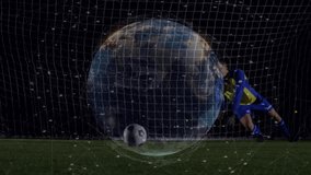 Soccer player kicking ball with Earth animation over goal net at night. Football, planet, sports, night game, competition, athlete - Powered by Shutterstock - Get 15% off with code: PIKWIZARD15