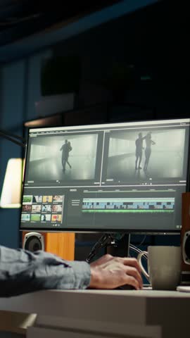 Vertical Video Video maker editing montage clips on coloring software at home, working on color correction and motion graphics to edit footage. Content creator editing clips on toolbar panels. Camera