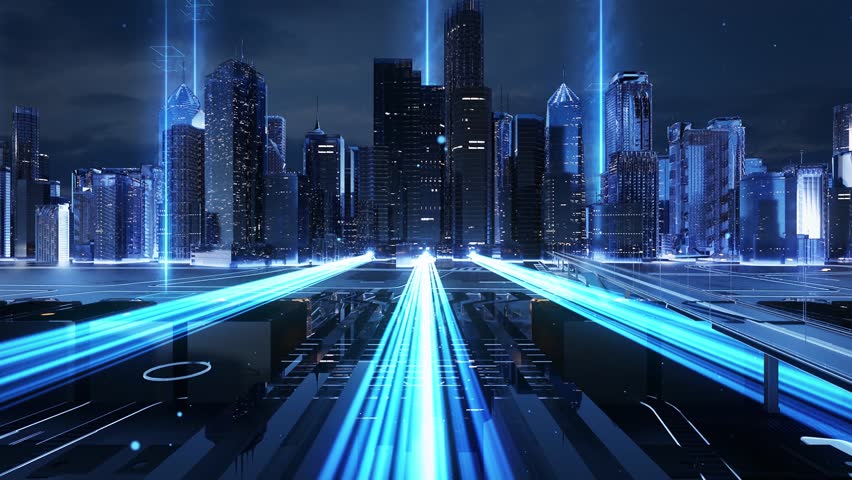 Travel through the high-rise buildings of the technology city, high-tech city center, futuristic city overpasses and buildings, and the city's rapid economic development.