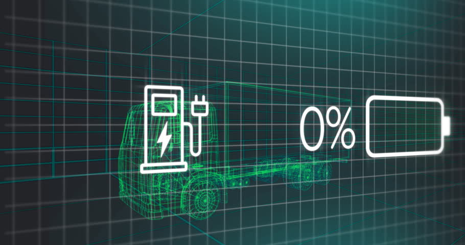 Electric truck animation with eco-friendly charging symbols and full battery indicator. renewable, sustainability, green, technology, clean-energy, future