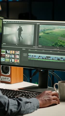 Vertical Video Video maker producing montage with artistic software for color adjustment, special effects in movie editing. Digital media illustrator developing transitions for cinematic production
