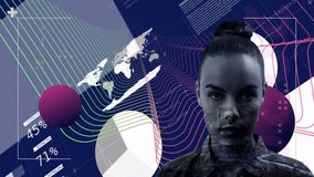 Animation of woman's face overlaid on graphs and world map for data visualization. analytics, statistics, global, technology, finance, futuristic - Powered by Shutterstock - Get 15% off with code: PIKWIZARD15