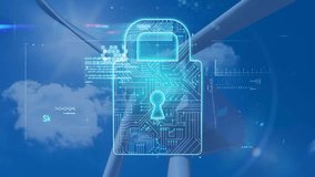 Digital lock and data scanning animation over wind turbine background. Renewable, energy, security, technology, sustainability, green energy - Powered by Shutterstock - Get 15% off with code: PIKWIZARD15