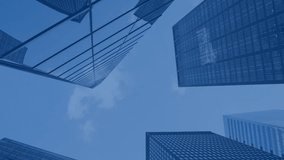 Digital network connections overlaying skyscrapers against blue sky in animation. Technology, connectivity, networking, urban, communication, futuristic - Powered by Shutterstock - Get 15% off with code: PIKWIZARD15