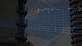 Animation of mathematical equations and grid lines overlaying industrial structure silhouette. Abstract, technology, industry, engineering, mathematics, innovation - Powered by Shutterstock - Get 15% off with code: PIKWIZARD15