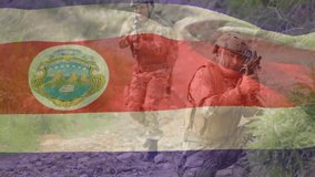 Costa Rican flag and emblem overlaying animation of soldiers in action. Military, national, patriotism, defense, troop - Powered by Shutterstock - Get 15% off with code: PIKWIZARD15