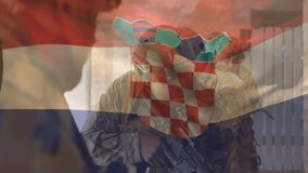 Croatian flag overlay, soldiers in tactical gear standing together outdoors. Military, armed forces, teamwork, patriotism, national pride, unity - Powered by Shutterstock - Get 15% off with code: PIKWIZARD15