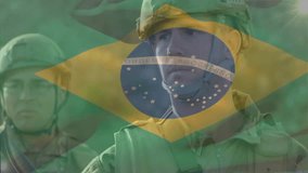 Brazilian flag animation overlaying soldiers in military uniforms outdoors. patriotism, national, defense, troops, army, camouflage - Powered by Shutterstock - Get 15% off with code: PIKWIZARD15
