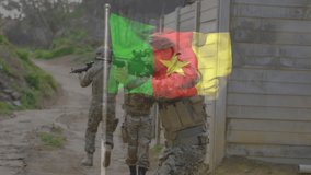 Cameroon flag overlay on soldiers patrolling in camouflage gear in animation style. Military, army, national flag, patriotism - Powered by Shutterstock - Get 15% off with code: PIKWIZARD15