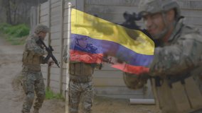 Patrolling soldiers in camouflage gear with Colombian flag animation overlay. Military, defense, army, national, protection, security - Powered by Shutterstock - Get 15% off with code: PIKWIZARD15