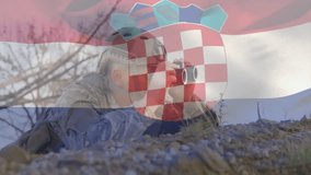 Using binoculars, soldier with Croatian flag overlay in outdoor animation scene. Military, patriotism, camouflage, surveillance, defense, outdoors - Powered by Shutterstock - Get 15% off with code: PIKWIZARD15