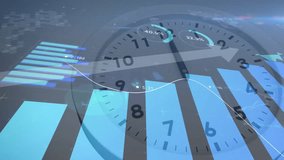 Animation of clock face with bar graph showing financial analysis data points. Finance, growth, business, statistics, time, progress - Powered by Shutterstock - Get 15% off with code: PIKWIZARD15