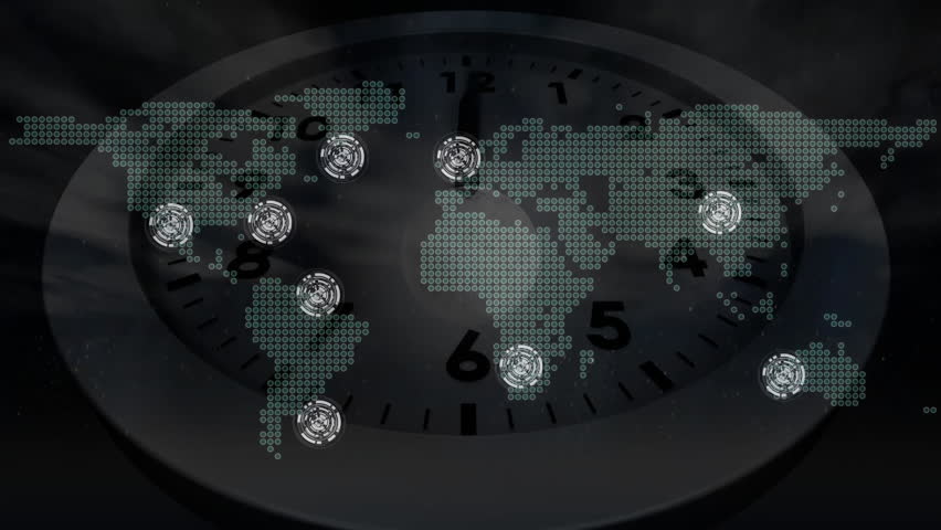 Animation of world map with connected nodes over clock face, showing global connectivity. Globalization, network, technology, digital, internet, communication - Powered by Shutterstock - Get 15% off with code: PIKWIZARD15