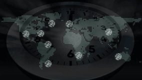 Animation of world map with connected nodes over clock face, showing global connectivity. Globalization, network, technology, digital, internet, communication - Powered by Shutterstock - Get 15% off with code: PIKWIZARD15