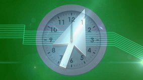 Large arrow overlay on clock face with green digital circuit animation. Time, technology, futuristic, electronics - Powered by Shutterstock - Get 15% off with code: PIKWIZARD15
