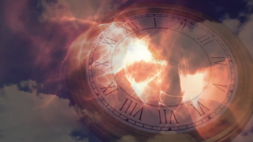 Animation of clock face with dramatic clouds and lightning effects in sky. Time, thunderstorm, electricity, weather, atmospheric, digital