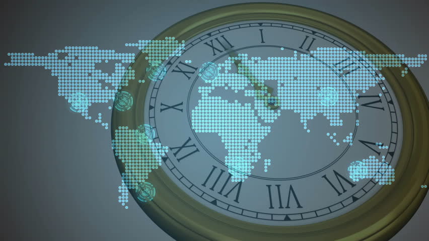 Digital connections over world map with animation of vintage clock showing time zones. Globalization, networking, technology, communication, connectivity, innovation - Powered by Shutterstock - Get 15% off with code: PIKWIZARD15