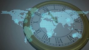 Digital connections over world map with animation of vintage clock showing time zones. Globalization, networking, technology, communication, connectivity, innovation - Powered by Shutterstock - Get 15% off with code: PIKWIZARD15