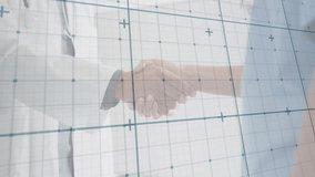 Handshake between two people overlaid with grid and data points animation. Business, partnership, collaboration, teamwork, technology, digital - Powered by Shutterstock - Get 15% off with code: PIKWIZARD15