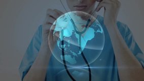 Using stethoscope, healthcare professional analyzing digital globe with animation data streams. technology, innovation, medical, futuristic, analysis, global - Powered by Shutterstock - Get 15% off with code: PIKWIZARD15