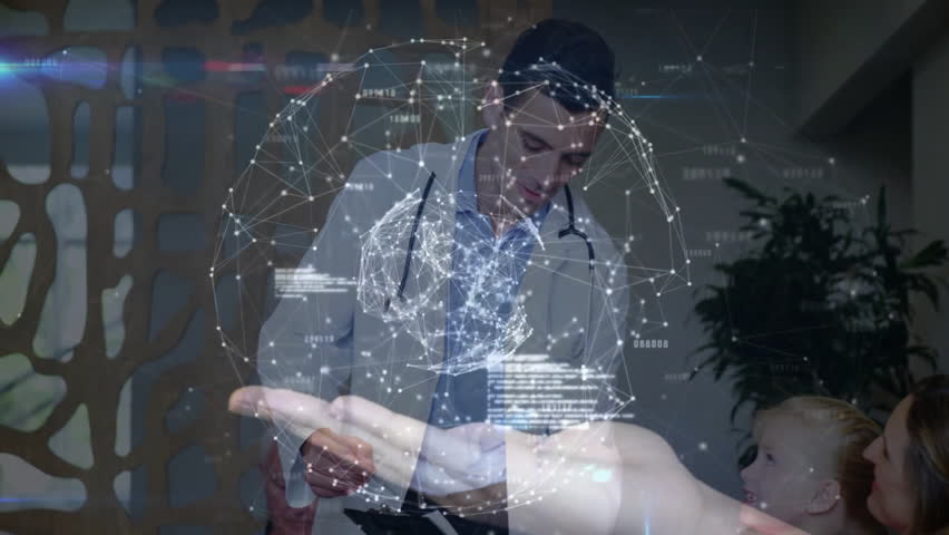 In school, doctor examining child with digital network overlay in classroom. Healthcare, technology, pediatrician, examination, innovation, education - Powered by Shutterstock - Get 15% off with code: PIKWIZARD15