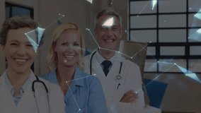 Smiling medical professionals with digital world map and network animation overlay. Healthcare, technology, collaboration, innovation, global, teamwork - Powered by Shutterstock - Get 15% off with code: PIKWIZARD15