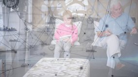 Elderly man and children using tablets with network connections overlay animation. Technology, generational, digital, family, internet, devices - Powered by Shutterstock - Get 15% off with code: PIKWIZARD15