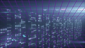 Colorful neon Huge Sale animation over cityscape with grid pattern. Discount, promotion, advertisement, urban, digital, vibrant - Powered by Shutterstock - Get 15% off with code: PIKWIZARD15