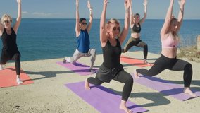 Yoga practitioners performing warrior pose near ocean shoreline, female group sharing fitness moment during sunlit training session by tranquil seascape - Powered by Shutterstock - Get 15% off with code: PIKWIZARD15