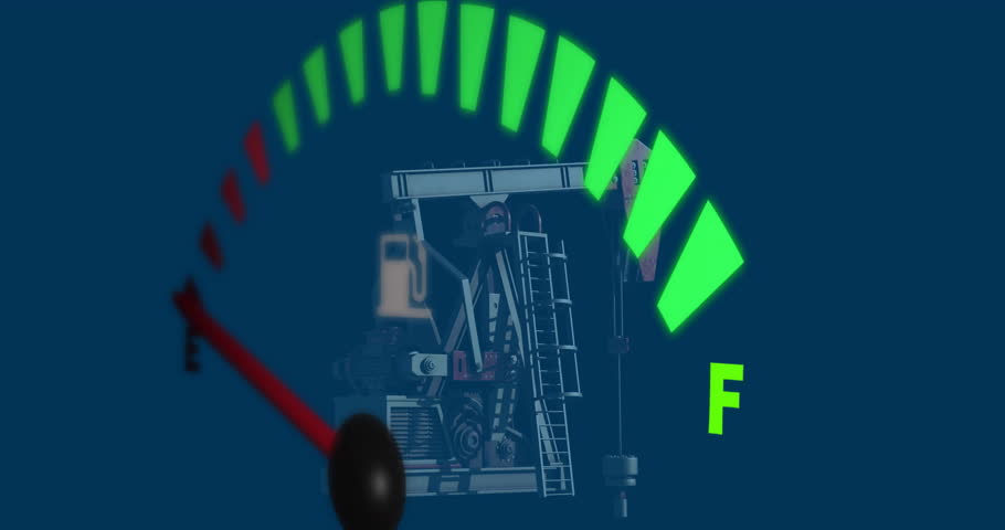 Fuel gauge animation showing full tank over oil pumpjack background. Energy, petroleum, industry, production, gasoline, extraction
