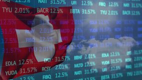 Swiss flag animation waving over digital stock market data with percentages. Finance, economy, investment, analytics, business, Switzerland - Powered by Shutterstock - Get 15% off with code: PIKWIZARD15
