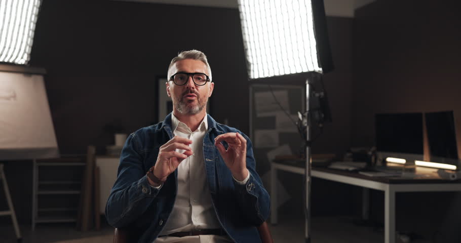 Talking, interview and man by lights on set for filming with documentary, show or movie in studio. Recording, discussion and male journalist for television public speaking with production equipment.
