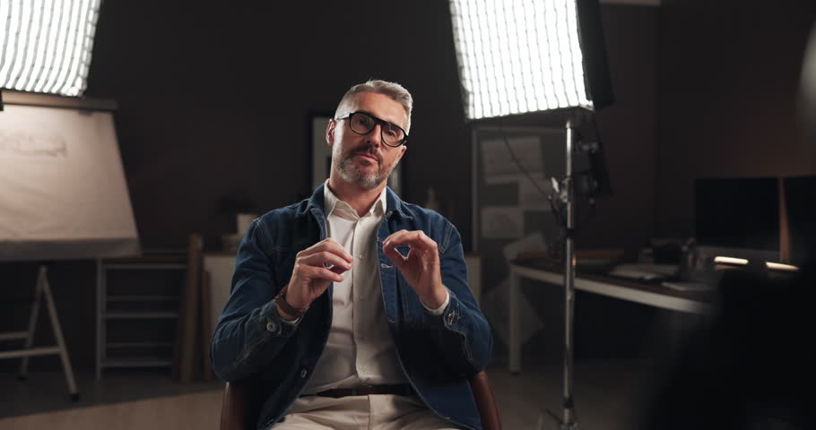 Studio, broadcast and man with interview, talk show or entrepreneur on live stream, discussion or chat. Entertainment, advice and mature person with glasses on vlog, social media or tips for business