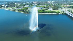 Drone aerial landscape of rainbow reflection within water fountain jets Captain Cook Memorial landmark with bridge overpass in Lake Burley Griffin Canberra ACT Australia travel tourism attraction - Powered by Shutterstock - Get 15% off with code: PIKWIZARD15