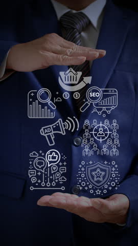 A business professional presents marketing and sales strategy in a business plan. The loop animation illustrates target audience, branding, SEO, social media, ads, sales funnel, and analytics.