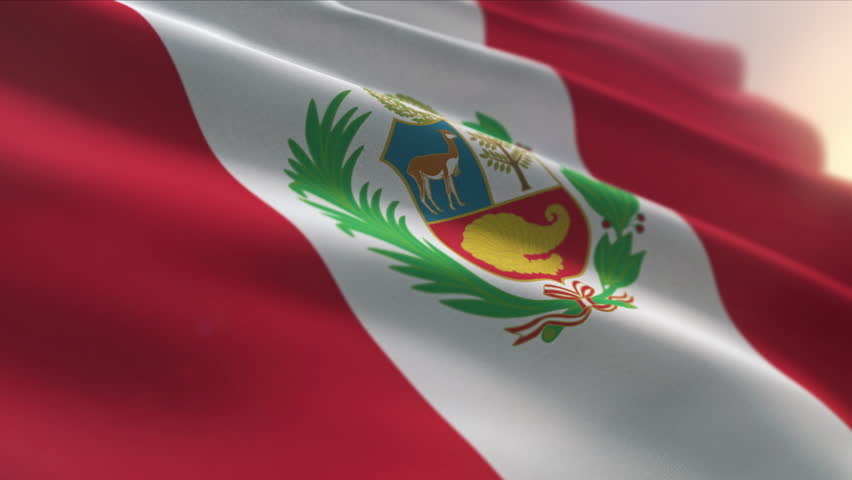 Waving flag of the South American Republic of Peru. Waving the flag of Peru with the coat of arms emblem divided into blue white and red parts. Waving the state ensign national flag of Peru.