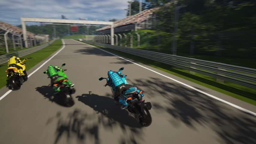 Animation of the competitive moto racing action in an esports computer game. Animation of moto racing bikers driving on the virtual track. Animation of the moto riders racing on the digital circuit.