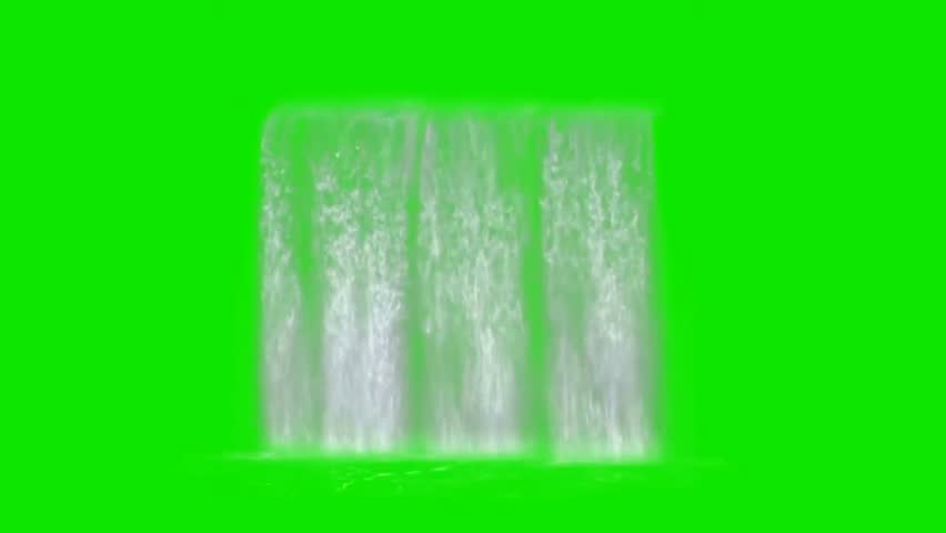 Waterfall on green screen, 3D realistic mountain water splash fall on green background chromakey, Beautiful water flowing from waterfall green screen footage