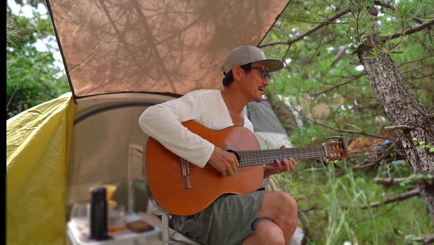 50s, acoustic guitar, active senior, adventure, camping, 