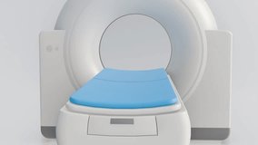 A 3D animation of a modern CT or Computed Tomography scanner. The gantry and table are supported by a base with a grey accent at the bottom. - Powered by Shutterstock - Get 15% off with code: PIKWIZARD15