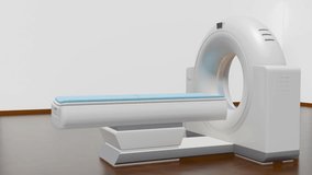 A 3D animation of a modern CT or Computed Tomography scanner. The gantry and table are supported by a base with a grey accent at the bottom. - Powered by Shutterstock - Get 15% off with code: PIKWIZARD15