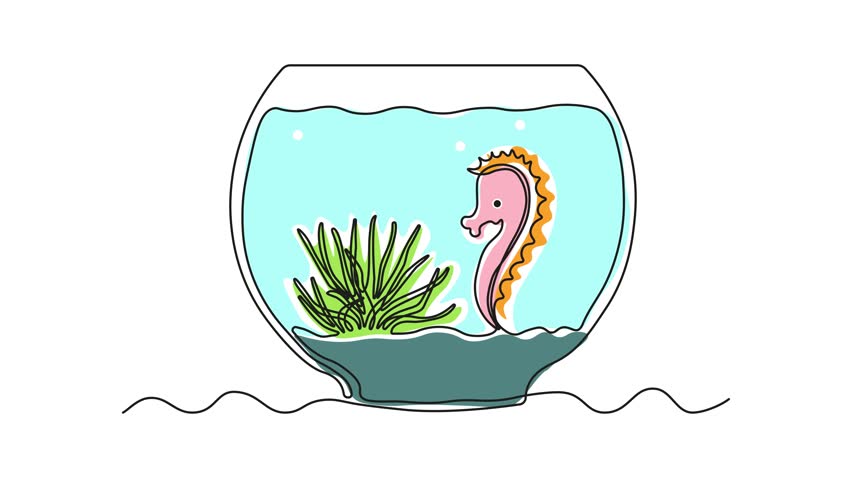 Abstract aquarium with algae, seaweed and seahorse. Self drawing animation one continuous line draw, logo