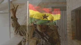 Ghanaian flag overlaying military personnel in action during animation sequence. defense, patriotism, soldier, animated, army, national - Powered by Shutterstock - Get 15% off with code: PIKWIZARD15