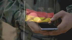 Using smartphone, military personnel with German flag overlay in background. communication, army, technology, patriotism, digital, uniform - Powered by Shutterstock - Get 15% off with code: PIKWIZARD15